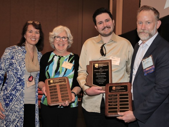Tom Meixner Lifetime Achievement Award Ceremony with Martha Whitaker, Kathleen Meixner, Sean Meixner, and Nathan Miller, AHS Corporate Board President and HAS Alumnus